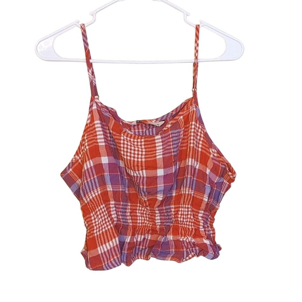 SO Size Extra Large XL Red Purple White Plaid Crop Top 100% Rayon Cropped